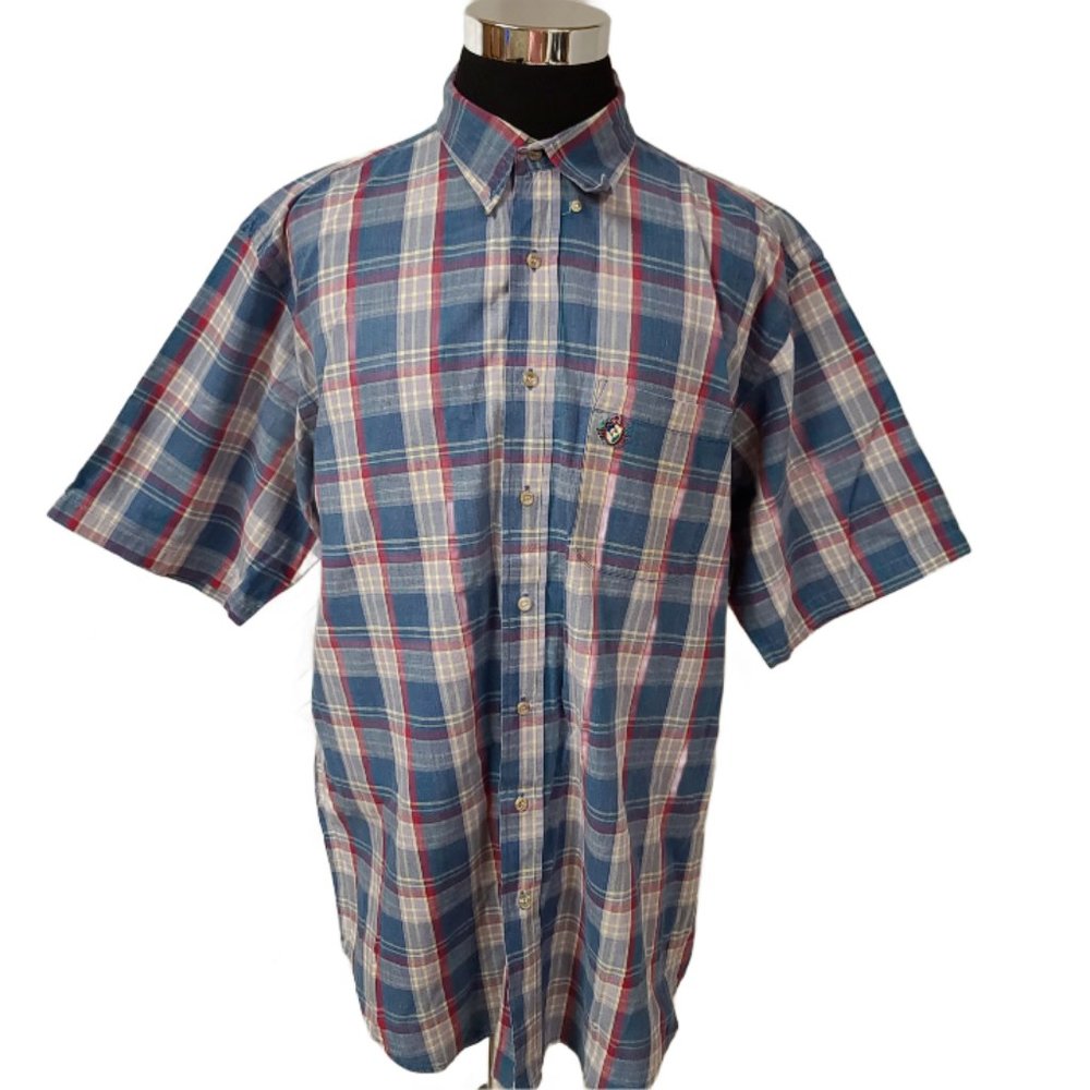 Cotton Club By Block Mens XLT 17-17.5 Blue Red Plaid Short Sleeve Button Shirt